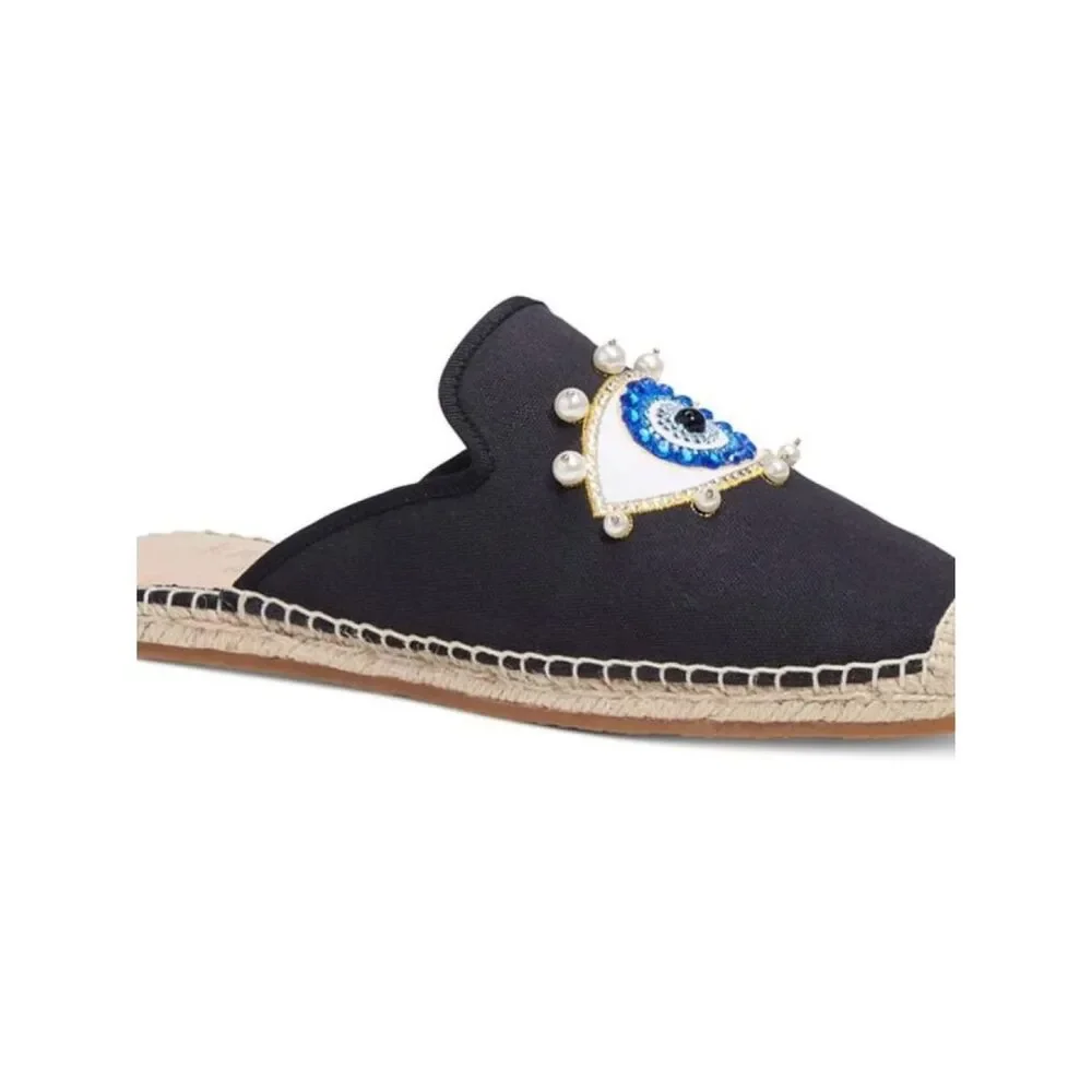 kate spade Black Canvas Evil Eye Pearl-Embellished Espadrille Mules